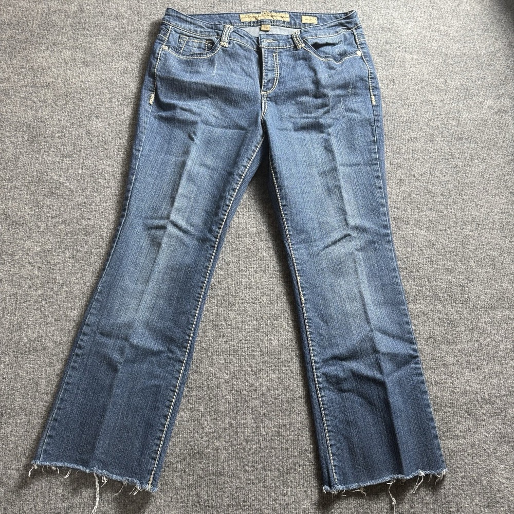Womens Medium Wash Stretch Denim Jeans Raw Hem Cutoff Bootcut Size 14/31